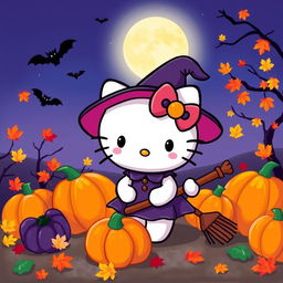 A whimsical Halloween-themed illustration featuring Hello Kitty dressed in a cute witch costume, complete with a small pointed hat and a tiny broomstick