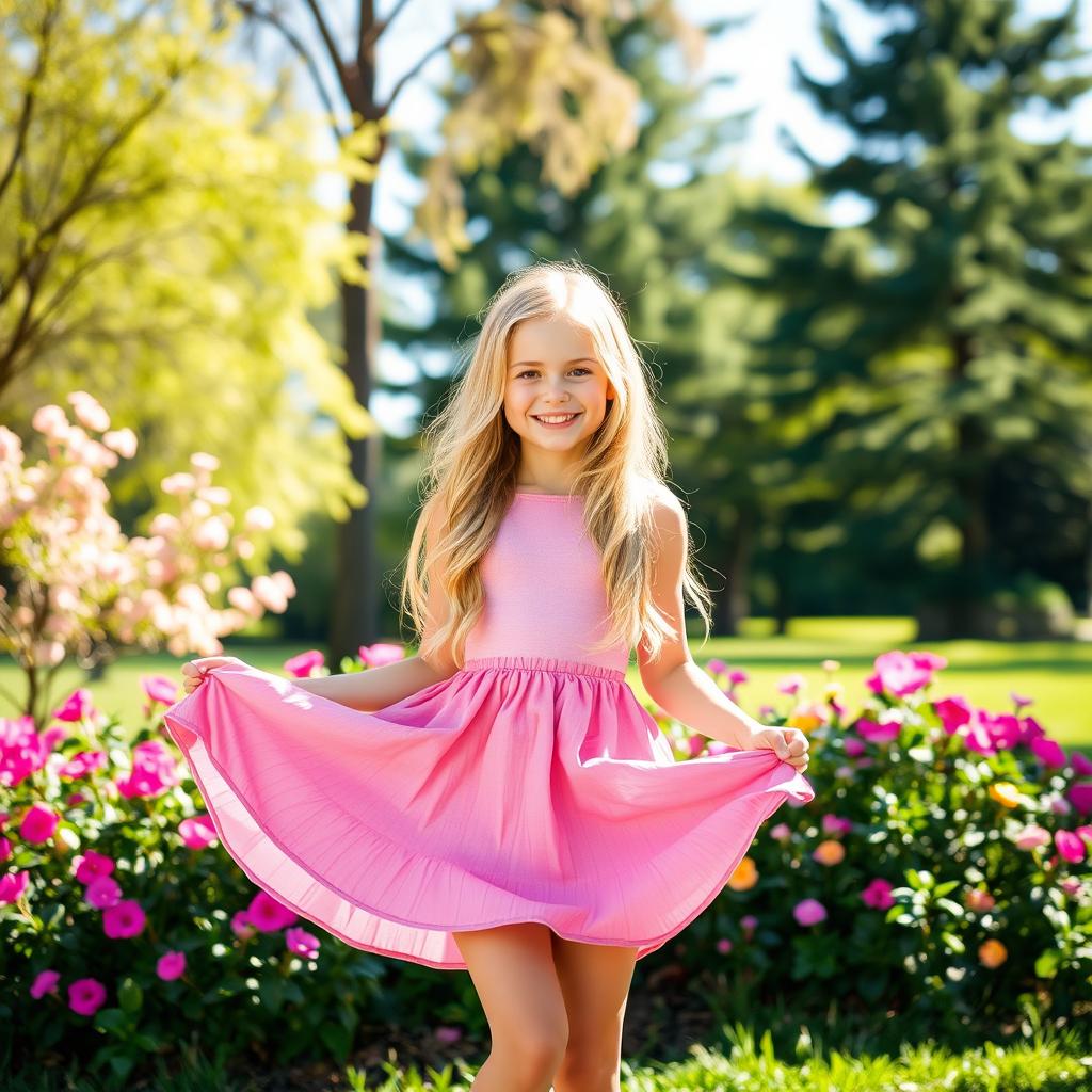 A beautiful blonde girl playfully lifting her skirt in a vibrant outdoor setting, showcasing her playful personality