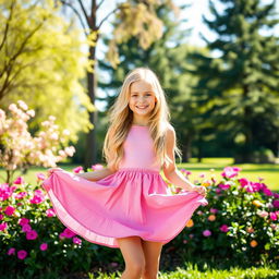 A beautiful blonde girl playfully lifting her skirt in a vibrant outdoor setting, showcasing her playful personality