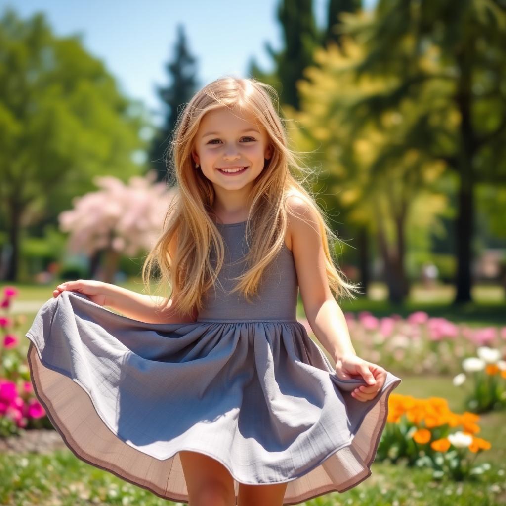 A beautiful blonde girl playfully lifting her skirt in a vibrant outdoor setting, showcasing her playful personality