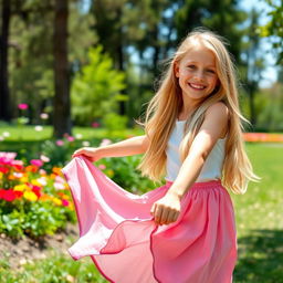 A beautiful blonde girl playfully lifting her skirt in a vibrant outdoor setting, showcasing her playful personality