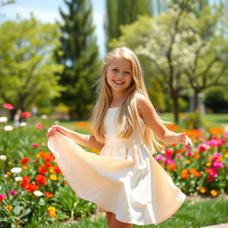 A beautiful blonde girl playfully lifting her skirt in a vibrant outdoor setting, showcasing her playful personality