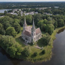 Aerial drone perspective of an enchanting, abandoned 20th-century city complete with churches and castles, perched beside a tranquil little lake.