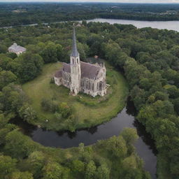 Aerial drone perspective of an enchanting, abandoned 20th-century city complete with churches and castles, perched beside a tranquil little lake.