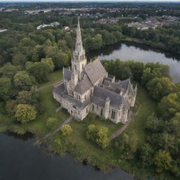 Aerial drone perspective of an enchanting, abandoned 20th-century city complete with churches and castles, perched beside a tranquil little lake.