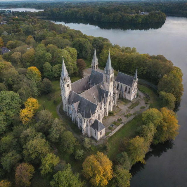 Aerial drone perspective of an enchanting, abandoned 20th-century city complete with churches and castles, perched beside a tranquil little lake.