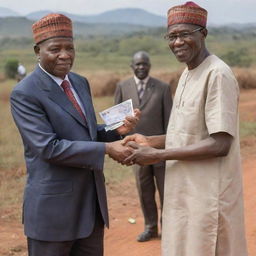 Modify the image to depict high-ranking government officials, possibly in travel attire, compassionately handing out financial assistance to the most impoverished individuals in rural Africa.