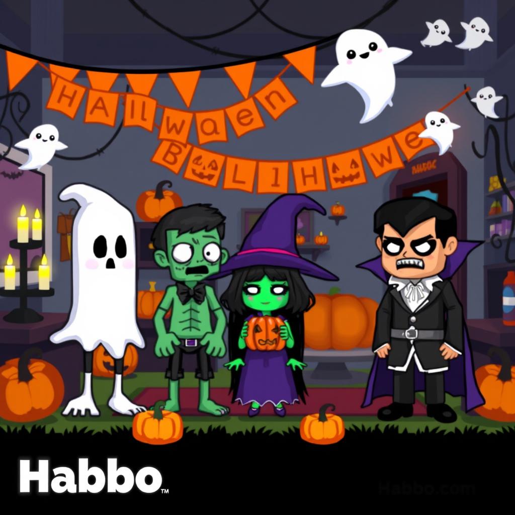 A pixel art scene depicting a Halloween celebration within the Habbo