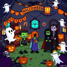 A pixel art scene depicting a Halloween celebration within the Habbo