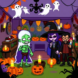 A pixel art scene depicting a Halloween celebration within the Habbo