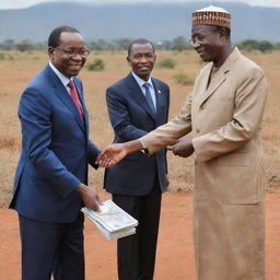 Modify the image to depict high-ranking government officials, possibly in travel attire, compassionately handing out financial assistance to the most impoverished individuals in rural Africa.