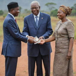 Modify the image to depict high-ranking government officials, possibly in travel attire, compassionately handing out financial assistance to the most impoverished individuals in rural Africa.