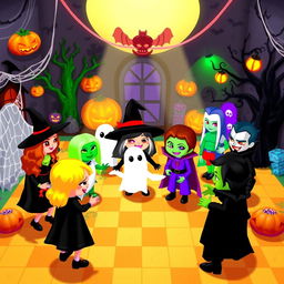 A vibrant Halloween-themed scene set in a virtual world inspired by Habbo Hotel, featuring colorful, pixelated avatars dressed in spooky costumes such as witches, ghosts, and vampires