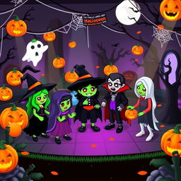 A vibrant Halloween-themed scene set in a virtual world inspired by Habbo Hotel, featuring colorful, pixelated avatars dressed in spooky costumes such as witches, ghosts, and vampires