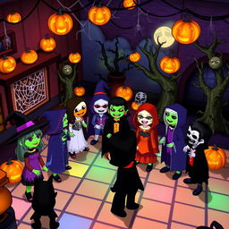 A vibrant Halloween-themed scene set in a virtual world inspired by Habbo Hotel, featuring colorful, pixelated avatars dressed in spooky costumes such as witches, ghosts, and vampires