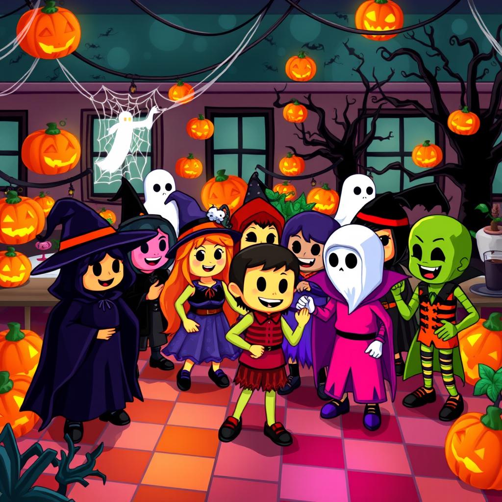 A vibrant Halloween-themed scene set in a virtual world inspired by Habbo Hotel, featuring colorful, pixelated avatars dressed in spooky costumes such as witches, ghosts, and vampires