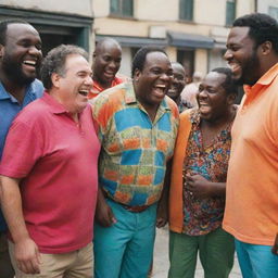 A group of larger men, laughing and talking happily, casually dressed in colorful and comfortable clothing.