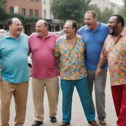 A group of larger men, laughing and talking happily, casually dressed in colorful and comfortable clothing.