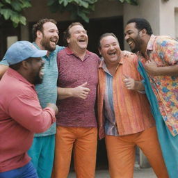 A group of larger men, laughing and talking happily, casually dressed in colorful and comfortable clothing.