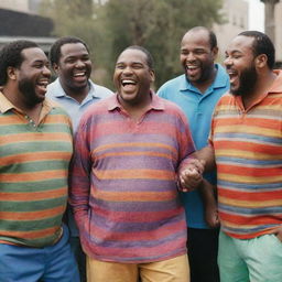 A group of larger men, laughing and talking happily, casually dressed in colorful and comfortable clothing.