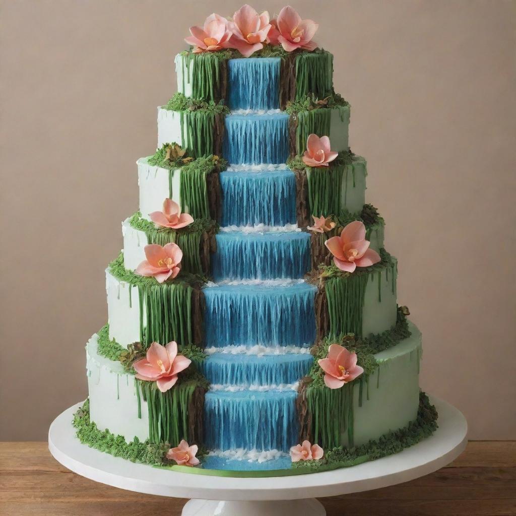 A multi-tiered cake with cascading waterfalls on each tier, creating three distinct stages.