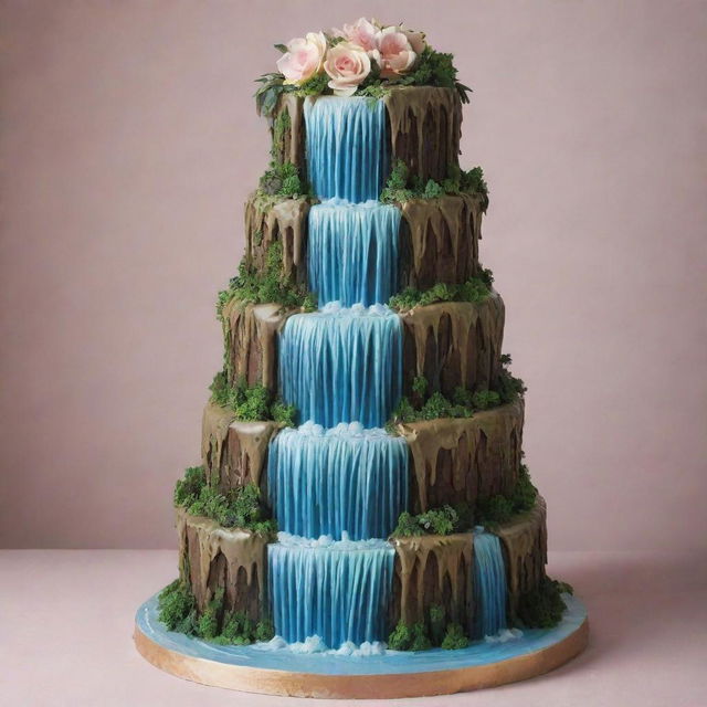 A multi-tiered cake with cascading waterfalls on each tier, creating three distinct stages.