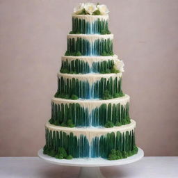 A multi-tiered cake with cascading waterfalls on each tier, creating three distinct stages.