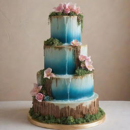 A multi-tiered cake with cascading waterfalls on each tier, creating three distinct stages.