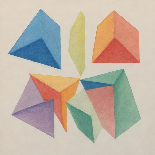 Detailed drawing filled with five unique four-sided geometric shapes in varied colors, sizes, and orientations