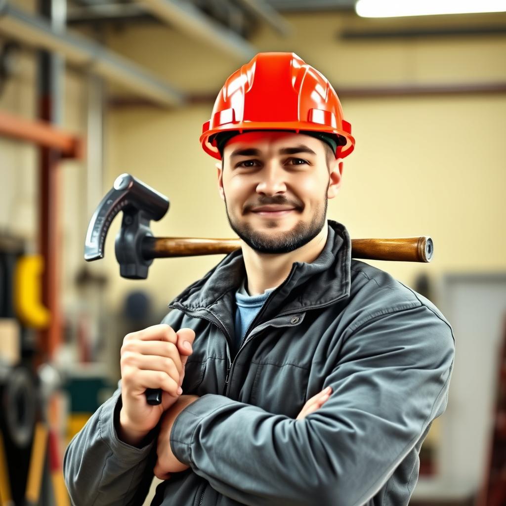 A maintenance man wearing a bright red helmet and a gray jacket, confidently standing in a well-lit, industrial environment