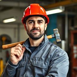 A maintenance man wearing a bright red helmet and a gray jacket, confidently standing in a well-lit, industrial environment