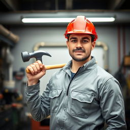 A maintenance man wearing a bright red helmet and a gray jacket, confidently standing in a well-lit, industrial environment