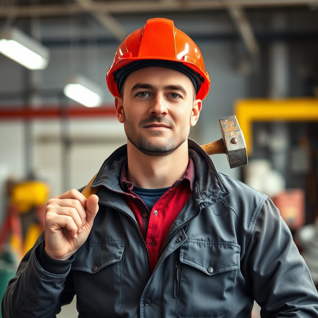 A maintenance man wearing a bright red helmet and a gray jacket, confidently standing in a well-lit, industrial environment