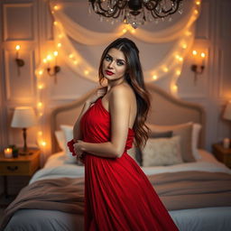 A young European woman gracefully posing in a beautifully decorated bedroom adorned with soft candle lights that flicker warmly around her