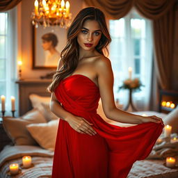 A young European woman gracefully posing in a beautifully decorated bedroom adorned with soft candle lights that flicker warmly around her