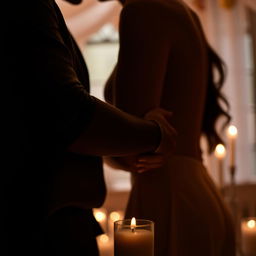 A sensual close-up of a couple embracing intimately in a romantic setting, their bodies partially silhouetted against a soft, warm light