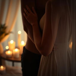 A sensual close-up of a couple embracing intimately in a romantic setting, their bodies partially silhouetted against a soft, warm light