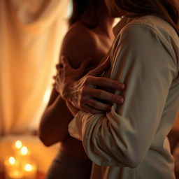 A sensual close-up of a couple embracing intimately in a romantic setting, their bodies partially silhouetted against a soft, warm light