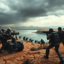 An intense scene depicting a fictional water war in a dystopian future, with soldiers in rugged, futuristic armor battling for control over a massive water reservoir