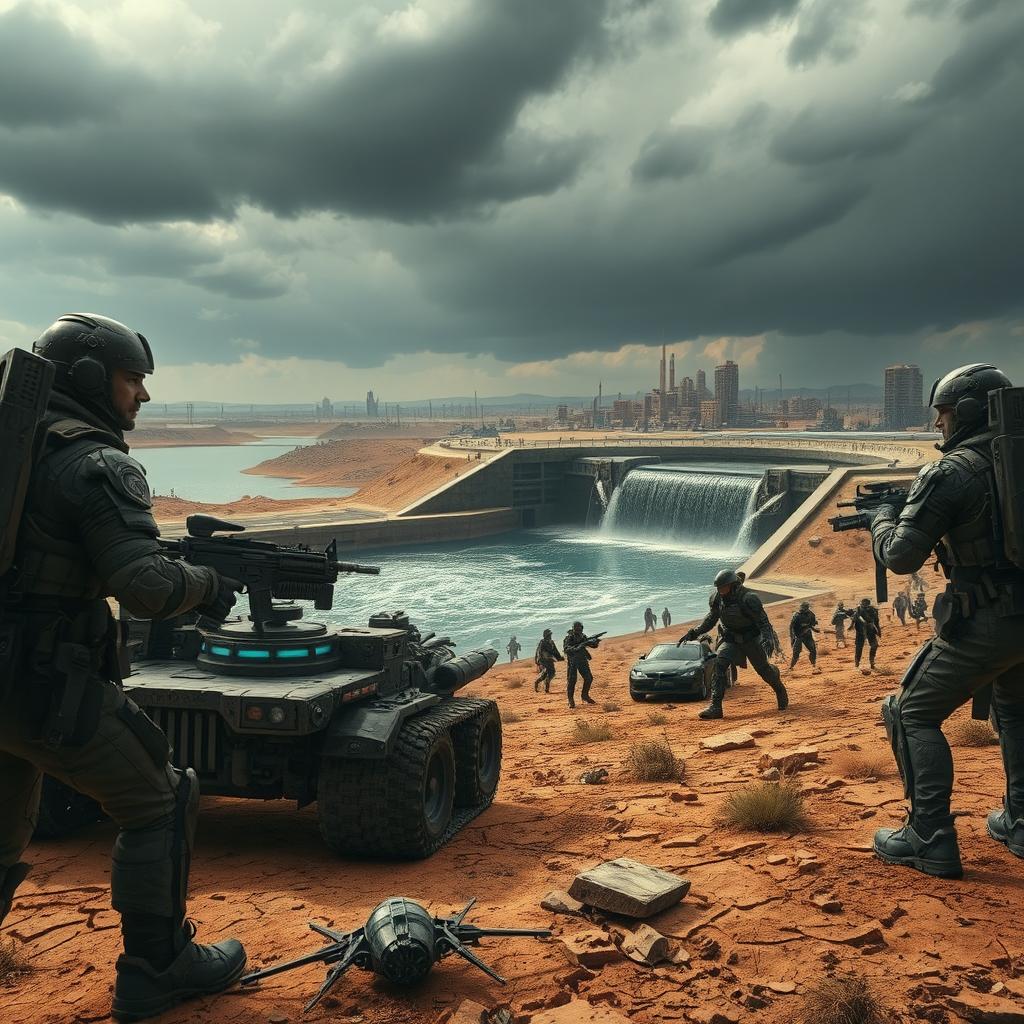 An intense scene depicting a fictional water war in a dystopian future, with soldiers in rugged, futuristic armor battling for control over a massive water reservoir