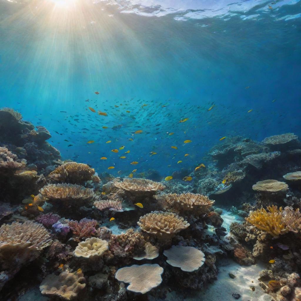 An enchanting, underwater scene teeming with a multitude of brightly coloured fish, delicate corals and clear, turquoise water sparkling beneath the golden sun.