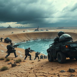 An intense scene depicting a fictional water war in a dystopian future, with soldiers in rugged, futuristic armor battling for control over a massive water reservoir