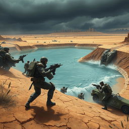 An intense scene depicting a fictional water war in a dystopian future, with soldiers in rugged, futuristic armor battling for control over a massive water reservoir