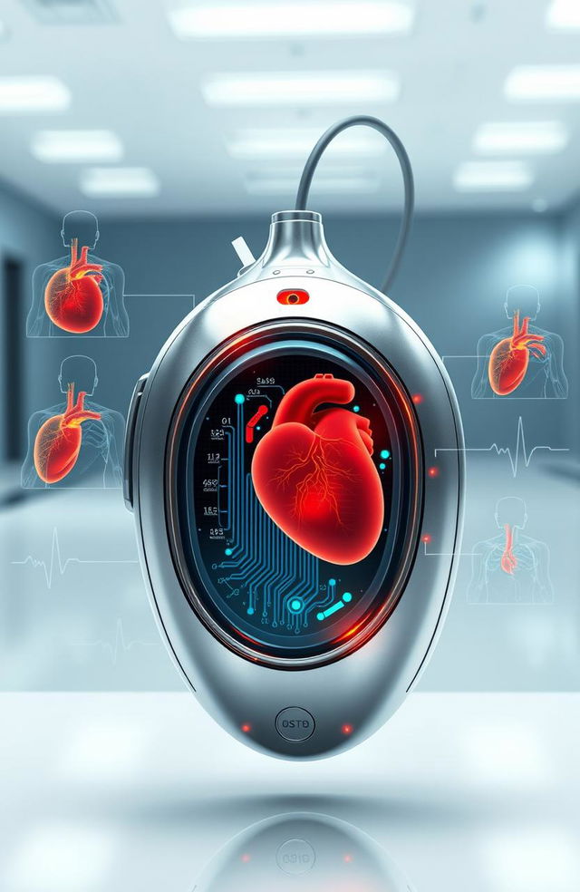 A highly detailed, futuristic illustration of a sleek and advanced cardiac pacemaker