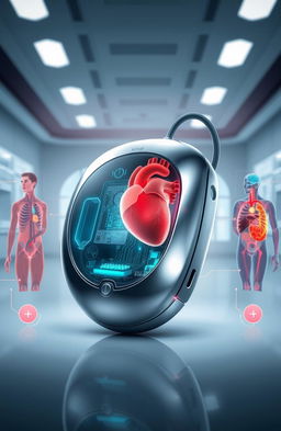 A highly detailed, futuristic illustration of a sleek and advanced cardiac pacemaker