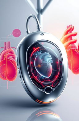 A highly detailed, futuristic illustration of a sleek and advanced cardiac pacemaker