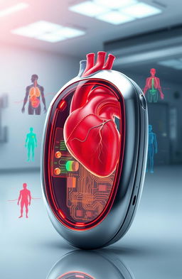 A highly detailed, futuristic illustration of a sleek and advanced cardiac pacemaker