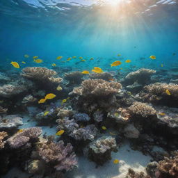 An enchanting, underwater scene teeming with a multitude of brightly coloured fish, delicate corals and clear, turquoise water sparkling beneath the golden sun.