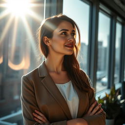 A young European woman at work, standing near a large window and gazing outside with a thoughtful expression