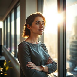 A young European woman at work, standing near a large window and gazing outside with a thoughtful expression